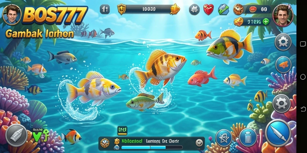 Screenshot gameplay BOS777 menunjukkan aksi menembak ikan yang seru.