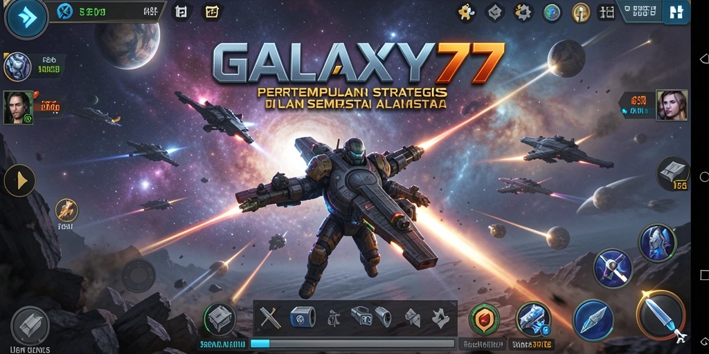 Screenshot GALAXY77 menampilkan aksi pertempuran luar angkasa yang menegangkan.