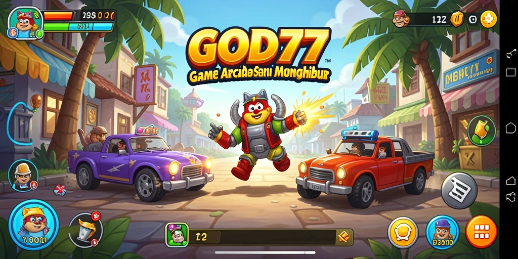 Screenshot menunjukkan aksi seru dalam gameplay arcade GOD77.