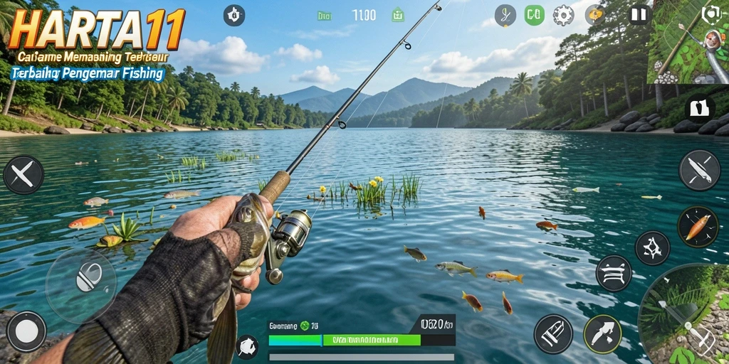 Gameplay HARTA11 yang menggambarkan momen memancing yang seru dan menantang.