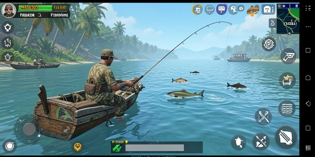 Tampilan gameplay MADU303 saat memancing ikan di berbagai lokasi.