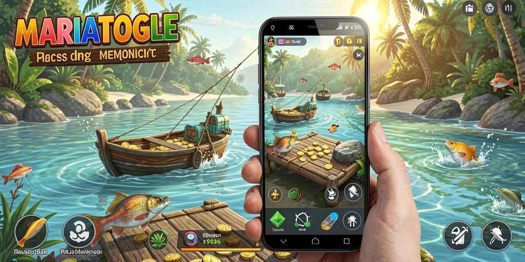 Tampilan gameplay MARIATOGEL dengan suasana laut yang menawan.