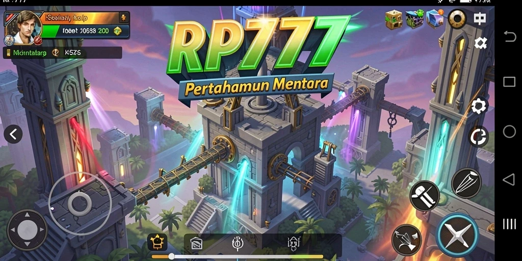 Screenshot gameplay RP777 menampilkan menara pertahanan yang strategis dan musuh yang menyerang.