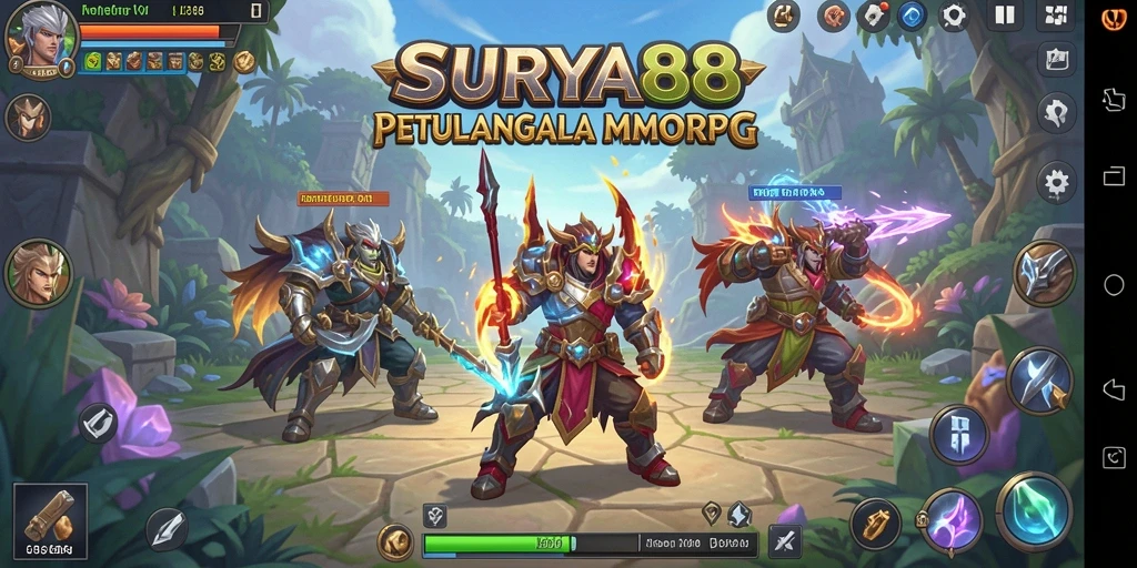 Screenshot gameplay SURYA88 dengan pertarungan seru di dunia fantasi.