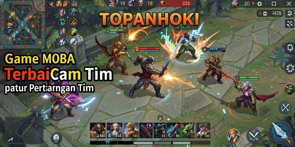Screenshot utama gameplay TOPANHOKI menampilkan pertempuran tim yang intens.