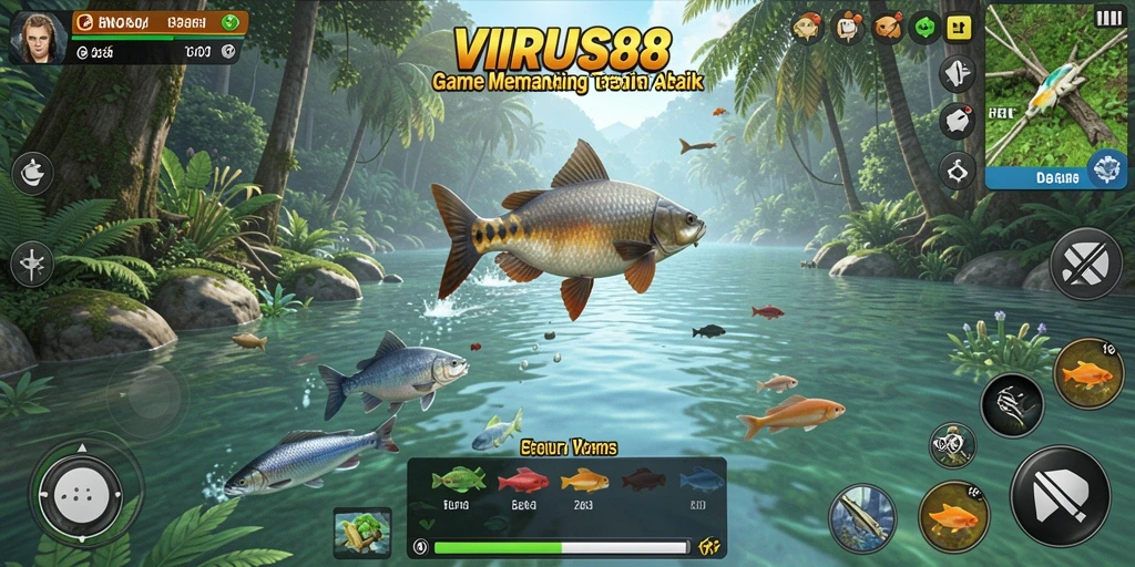 Tampilan gameplay seru dan menarik dalam VIRUS88 saat menangkap ikan.