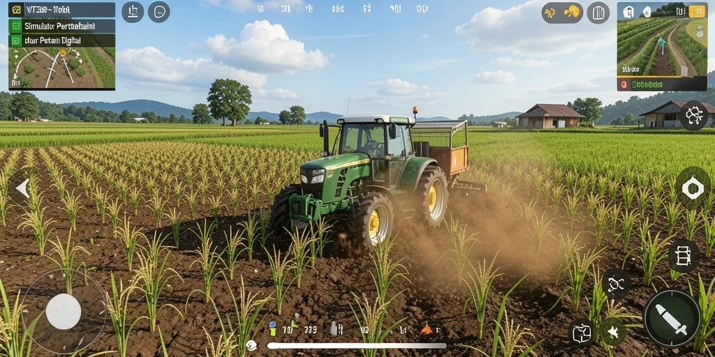 Tampilan gameplay VT38 yang menunjukkan petani sedang merawat ladang.